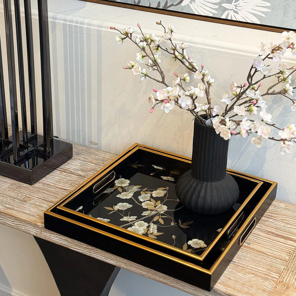 Set of 2 Black Floral Square Trays - Image 3