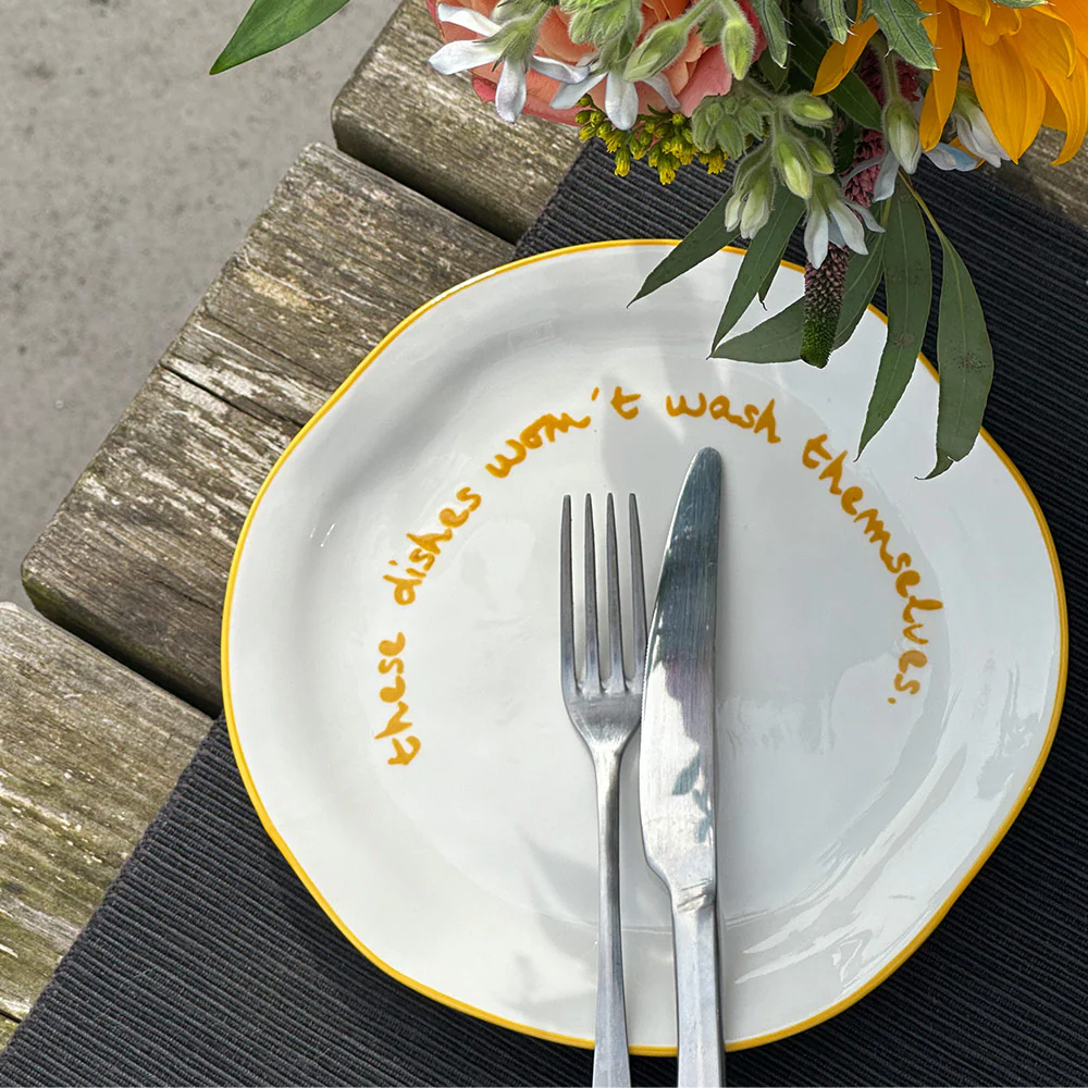 "These dishes wont wash themselves" Yellow Decorative Plate - Image 4