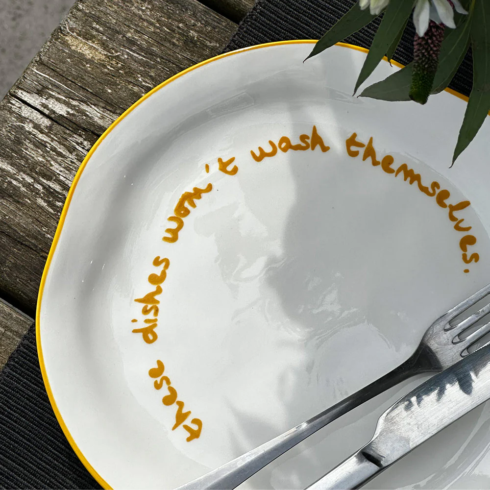 "These dishes wont wash themselves" Yellow Decorative Plate - Image 5